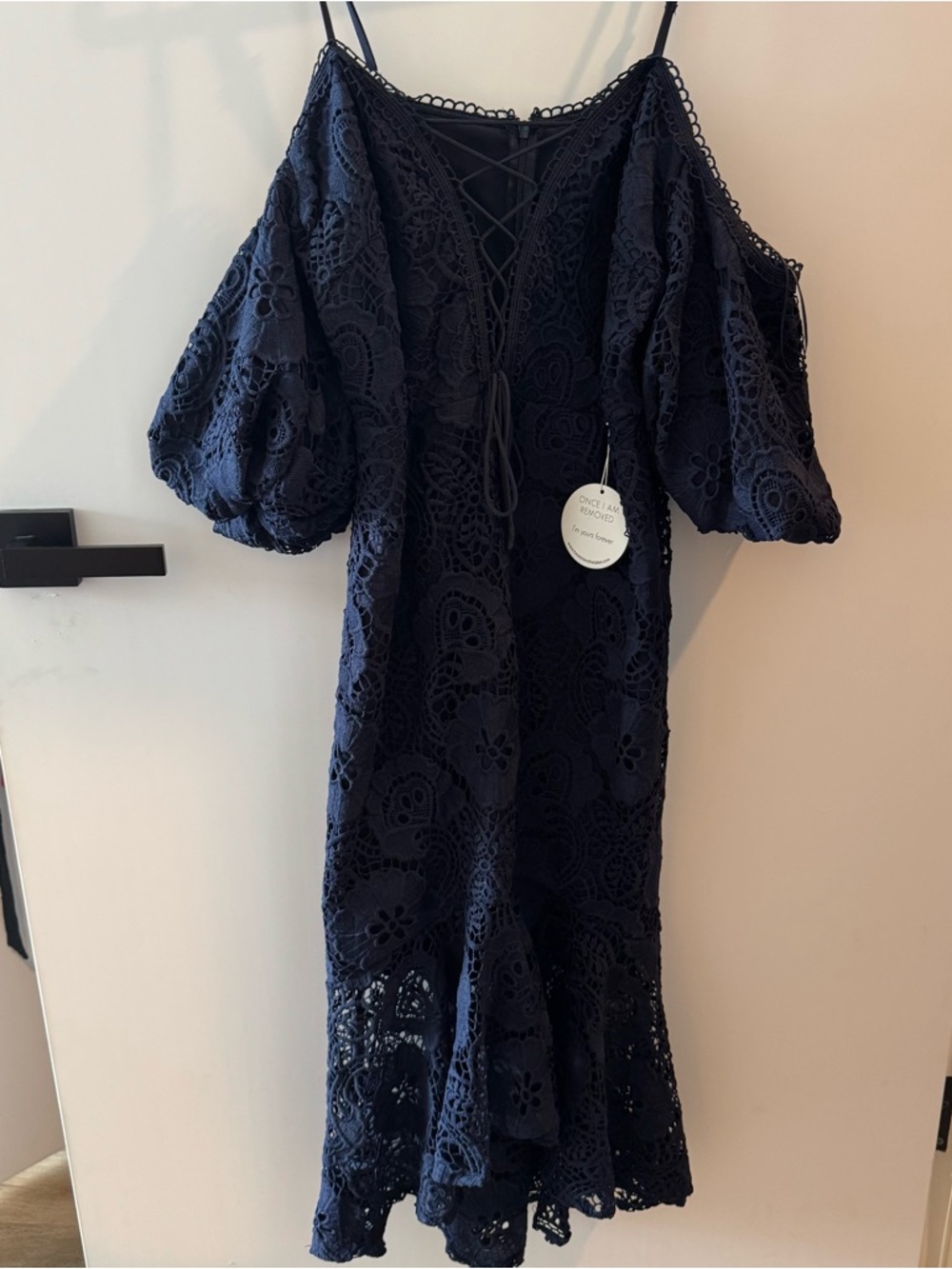 Navy Lace Cold-Shoulder Midi Dress with Puff Sleeves and Lace-Up Front